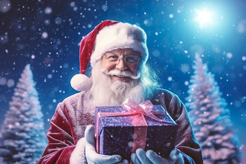 Santa Claus holding gift box and snowfall background. 