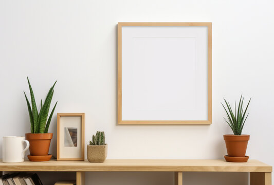 mock up empty poster frame on minimalist table, Ai generated Images