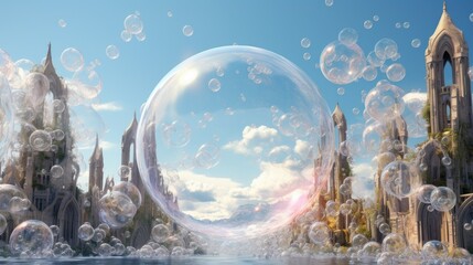  a large bubble floating in the air over a river next to a castle.  generative ai