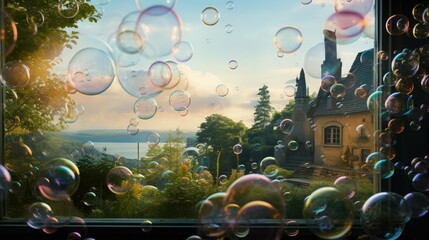  a view of a castle through a window with soap bubbles.  generative ai