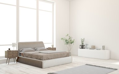 White bedroom concept. Scandinavian interior design. 3D illustration