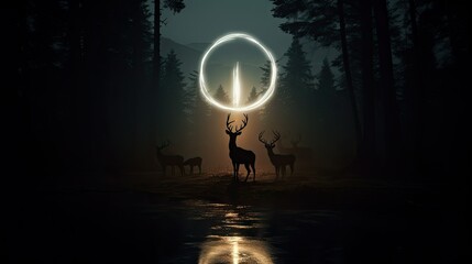  a group of deer standing next to a forest at night.  generative ai