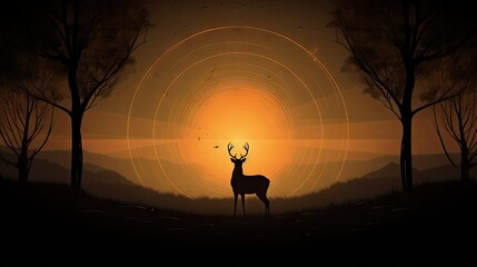  a deer standing in the middle of a forest at sunset.  generative ai