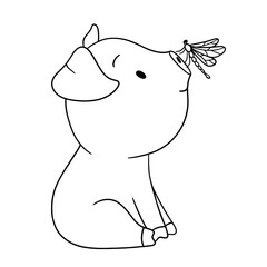 Cute outline piglet character with dragonfly. Hand drawn illustration isolated on white background. Funny Farm animal for coloring book