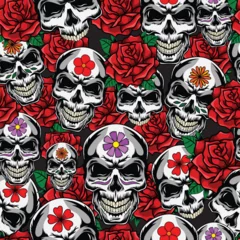 Fototapete Schädel Skulls and Roses seamless pattern vector with black background