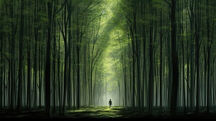 Fototapeta premium a person standing in the middle of a forest with tall trees. generative ai
