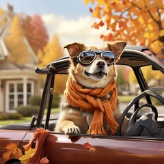 Whimsical dog co-pilot in aviator goggles enjoys a colorful autumn ride in suburban charm
