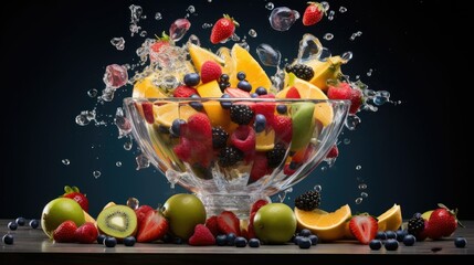  a glass bowl filled with lots of different types of fruit.  generative ai