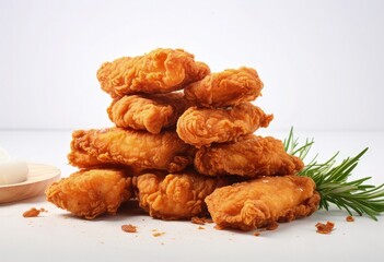 the delicious fried chicken pieces are on a white background, in the style of marcin sobas, heavy lines, orthogonal, angular, heavy texture, low-angle shots, photo taken with provia