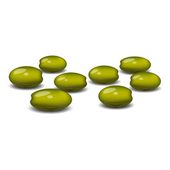 Handful green olives scattered on a surface vegetables isolated on a white background, 3d realistic vector food illustration.