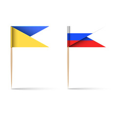 Ukraine and russia paper flags mockup with a wooden stick toothpick with shadow isolated white background, visualization design element for war strategy map pins, realistic vector 3d objects.