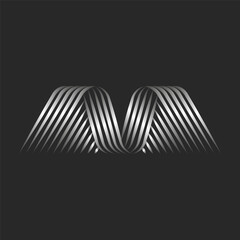 Ribbons shape letter M logo monogram with curls of thin stripes of metallic gradient, linear abstract wings shape.