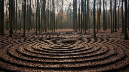 Fototapeta na wymiar a circular maze in the middle of a forest with trees. generative ai