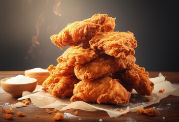 the delicious fried chicken pieces are on a white background, in the style of marcin sobas, heavy lines, orthogonal, angular, heavy texture, low-angle shots, photo taken with provia - obrazy, fototapety, plakaty