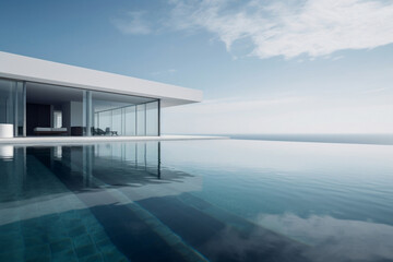 Luxury residential minimalist villa with pool and calm ocean on horizon generative ai
