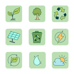 Set of ecology flat icon design. Ecology doodle icon collections.