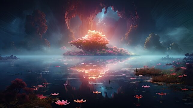 a painting of a floating island in the middle of a lake.  generative ai
