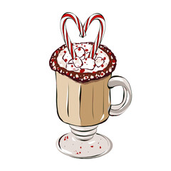 Christmas drink. Glass cup with cocoa, marshmallow and candy cane. Festive drink, hand drawn illustration isolated on white background. Design element for postcards, invitation, label, logo