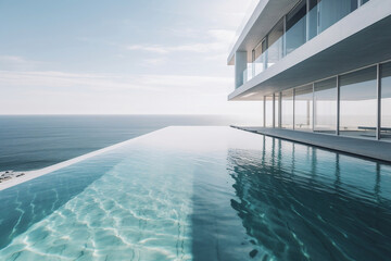 Fototapeta na wymiar Luxury residential minimalist villa with pool and calm ocean on horizon generative ai