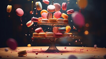  a three tiered cake with macaroons falling out of it.  generative ai