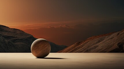  a large rock sitting on top of a sandy beach next to a mountain.  generative ai