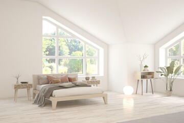 Naklejka na ściany i meble White bedroom concept. Scandinavian interior design. 3D illustration