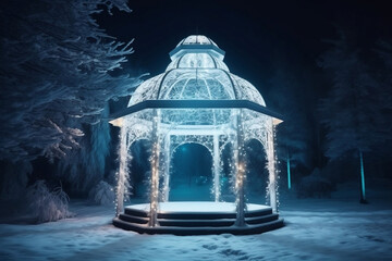 Magic gazebo as made from ice  winter night atmosphere and forest on background generative ai - obrazy, fototapety, plakaty