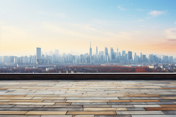 Panoramic skyline and buildings with empty wooden