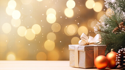 Christmas background with christmas baubles, gifts decoration - Xmas theme