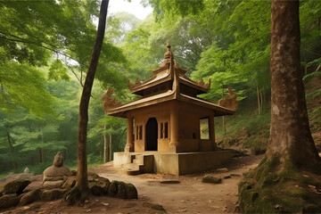 Lost buddhist temple in forest as ideal place for meditation generative ai