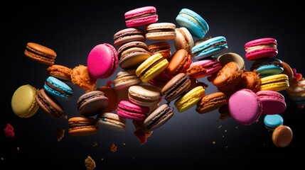  a pile of colorful macaroons on a black background.  generative ai - obrazy, fototapety, plakaty