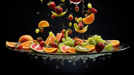  a platter of fruit is being tossed with water droplets.  generative ai