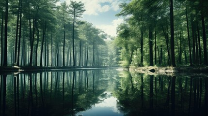  a lake surrounded by tall trees with a sky in the background.  generative ai