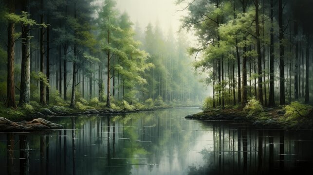  a painting of a forest scene with a lake and trees.  generative ai