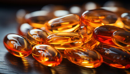 Close-up of golden Omega-3 fish oil capsules with reflections, illustrating the concept of natural health supplements. - obrazy, fototapety, plakaty