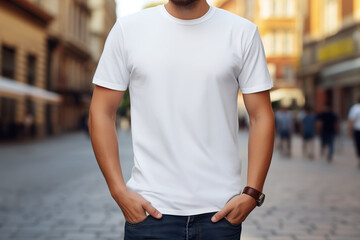 Man in white blank t-shirt standing on city street. Mock-up t-shirt. - obrazy, fototapety, plakaty