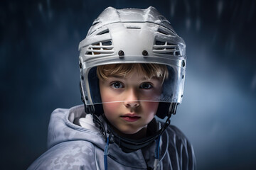 Little boy in hockey helmet on dark background.