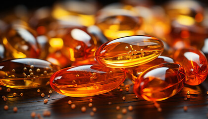 Close-up of amber Omega-3 fish oil capsules, with tiny bubbles inside, glowing on a dark wooden backdrop