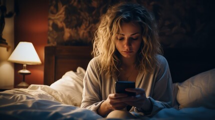 woman sitting on bed using mobile phone late at night, suffering from insomnia, chatting in social media network. Internet addiction