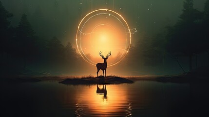  a deer standing in front of a lake at night with the sun in the background.  generative ai