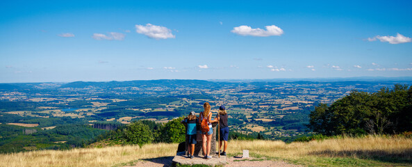 Family traveling in France- Panoramic view of Natural park of Morvan landscape- Travel, adventure, tour tourism concept - obrazy, fototapety, plakaty