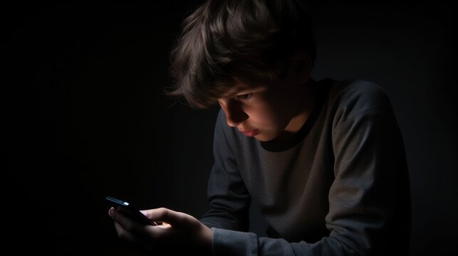 A Child Using Smart Phone Lying In Bed Late At Night, Playing Games. Children's Screen Addiction And Parent Control Concept. Child's Room At Night. Sensitive Content On Screen