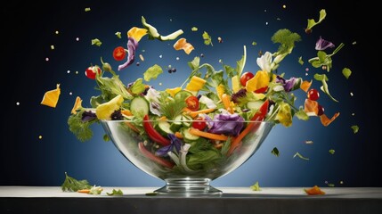  a salad in a glass bowl is tossed with vegetables and dressing.  generative ai