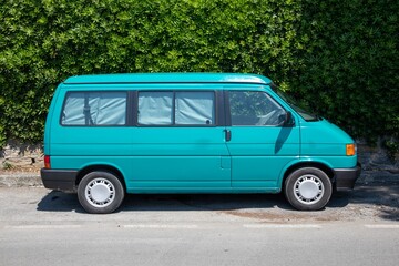 green van RV for holiday trip in motorhome Vacation in camper van street parked