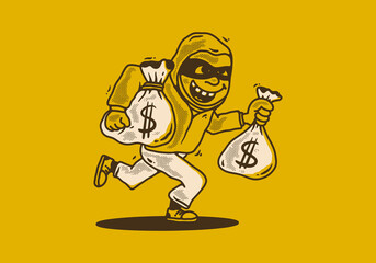 Character illustration of a thief carrying sacks of money