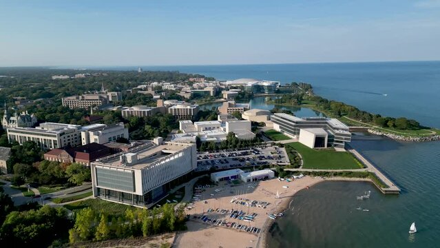 High resolution beautiful panoramic drone aerial 4K video of the famous Northwestern University and Kellogg School of Management Campus in Evanston IL during a beautiful summer day