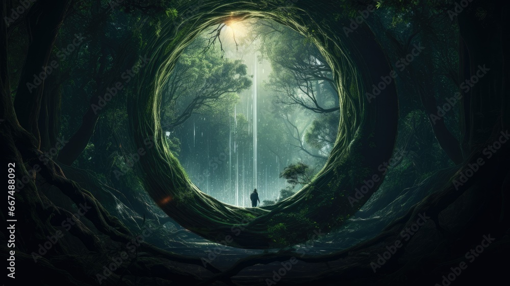 Wall mural a man standing in a forest surrounded by trees and a giant round hole. generative ai