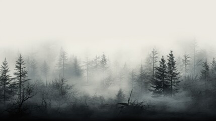 Obraz na płótnie Canvas a black and white photo of a foggy forest filled with trees. generative ai