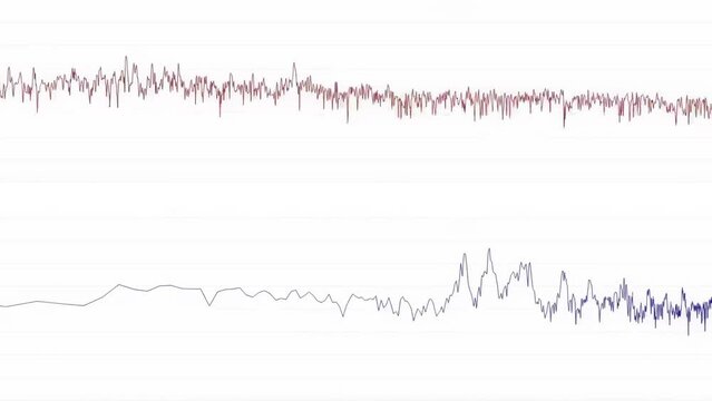 Analysis of an audio sound wave on the X axis, two different wavelenghts shown over a white background. Useful to emulate a forensic inspection on a recorded track.