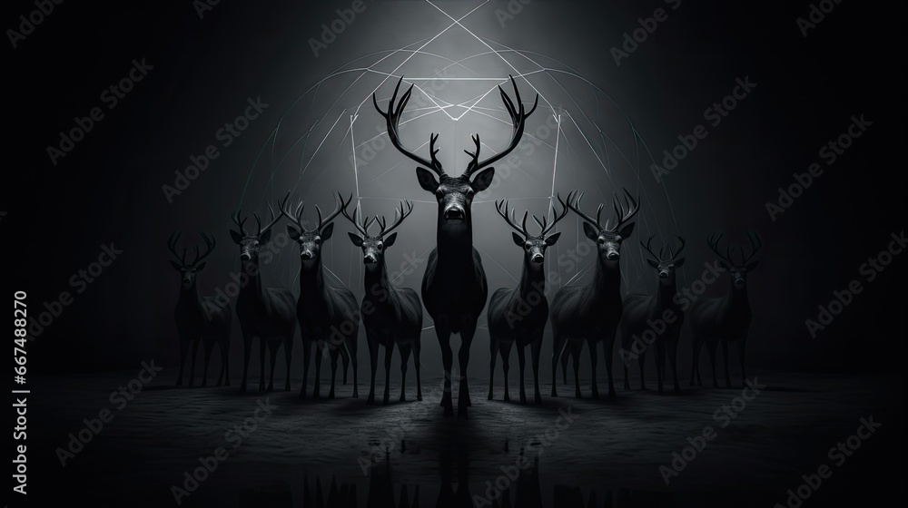 Sticker  a black and white photo of a group of deers.  generative ai